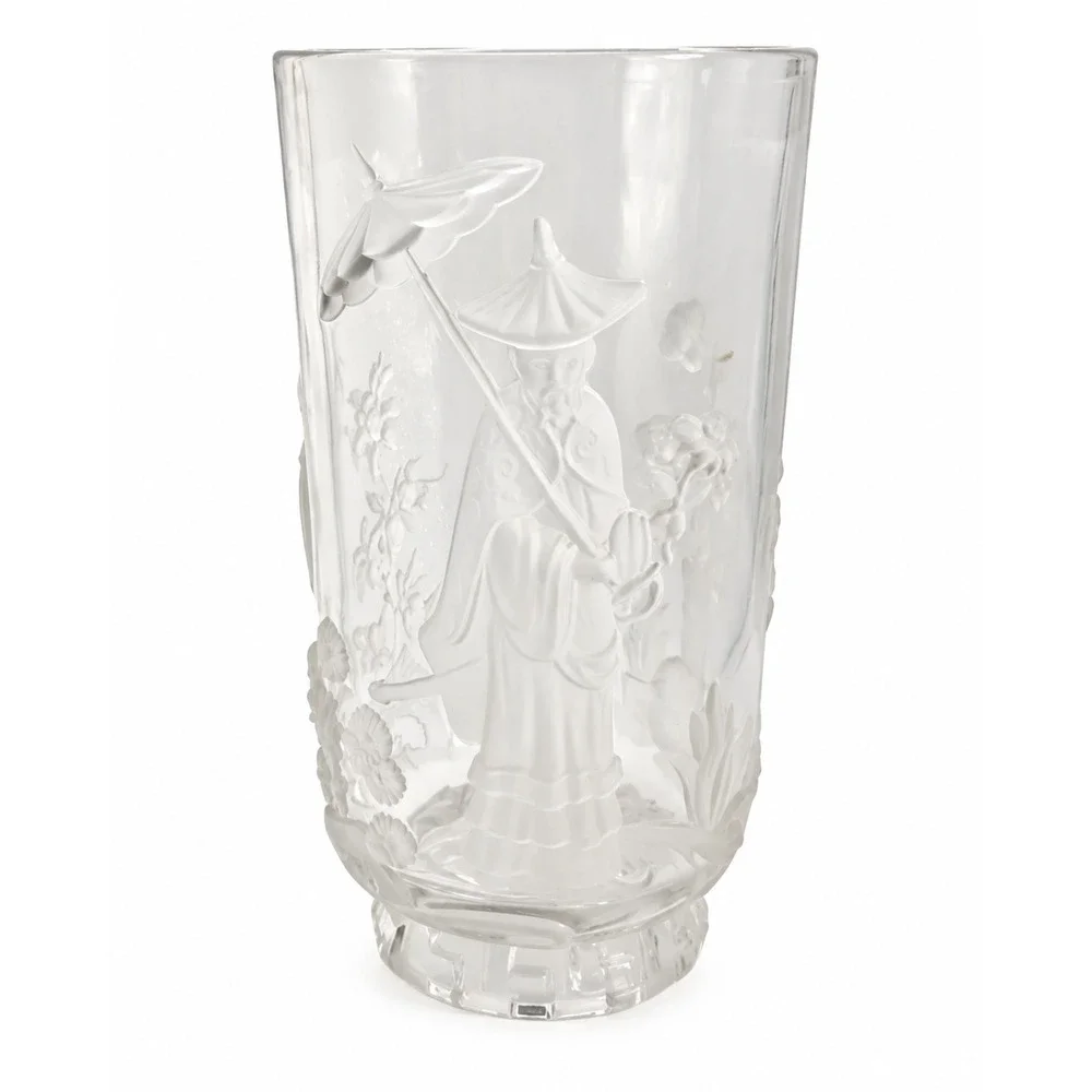 Signed Verlys Mandarin Vase 1930s French Art Deco Frosted Chinoiserie 9.25”